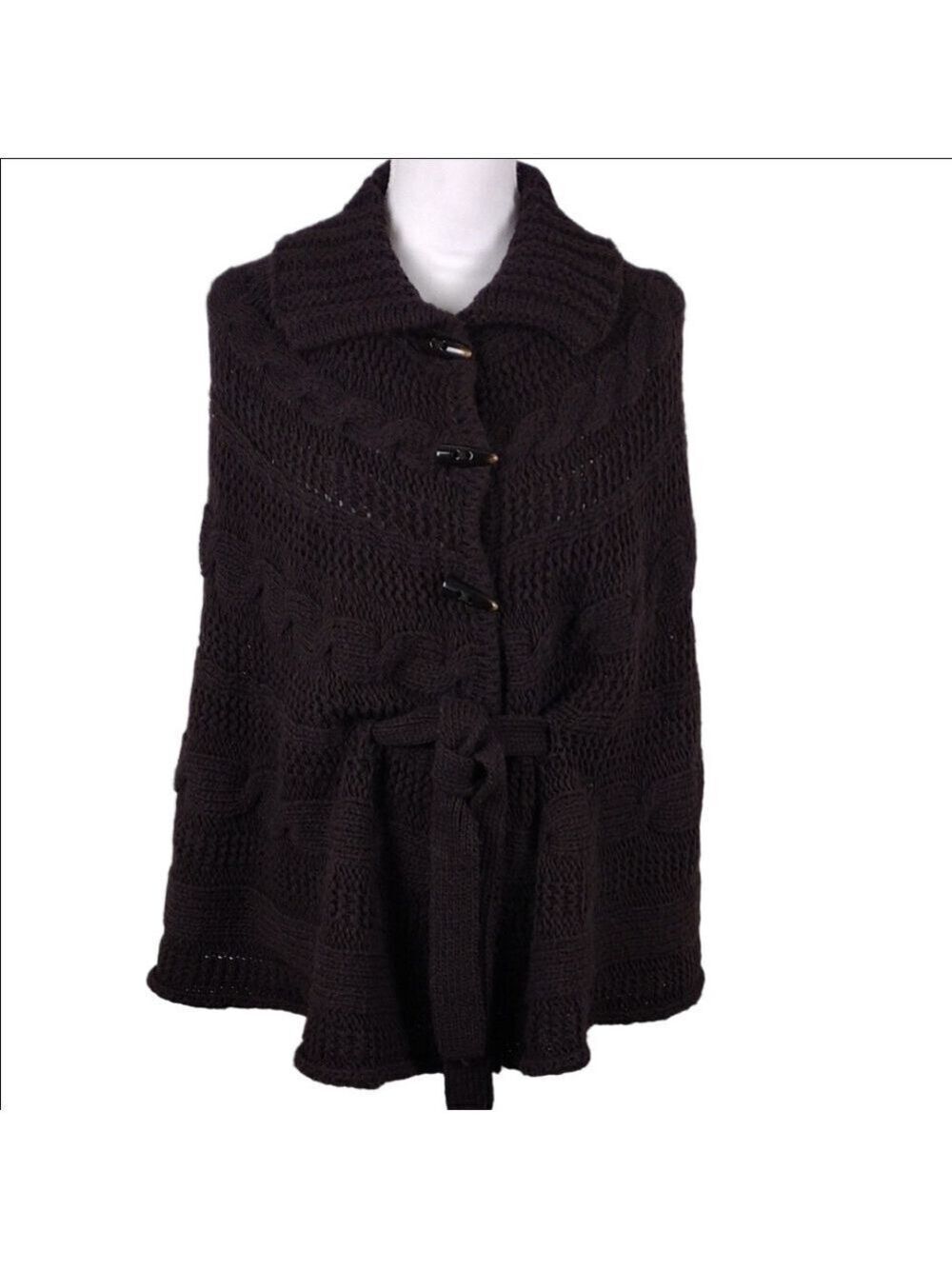 Fratelli Talli Brown Wool Blend Shawl Collar Button Front Knit Sweater Cape